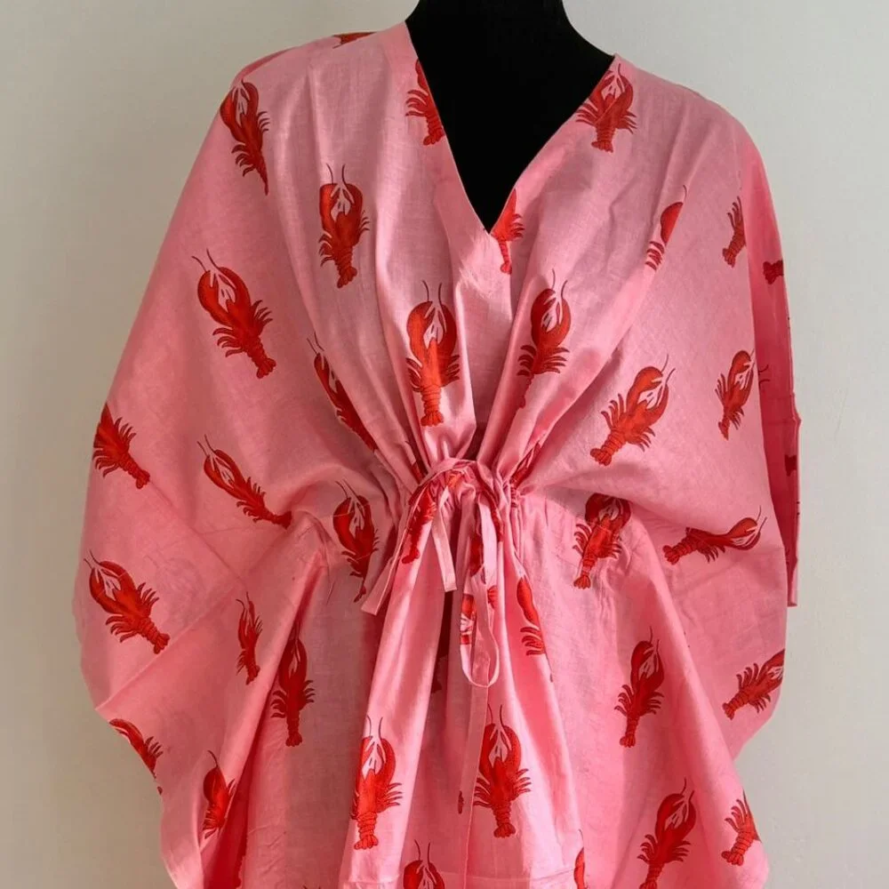 BRAND NEW Pink Holiday Kaftan Dress Winter Style Gift Hand Block Printed Caftan